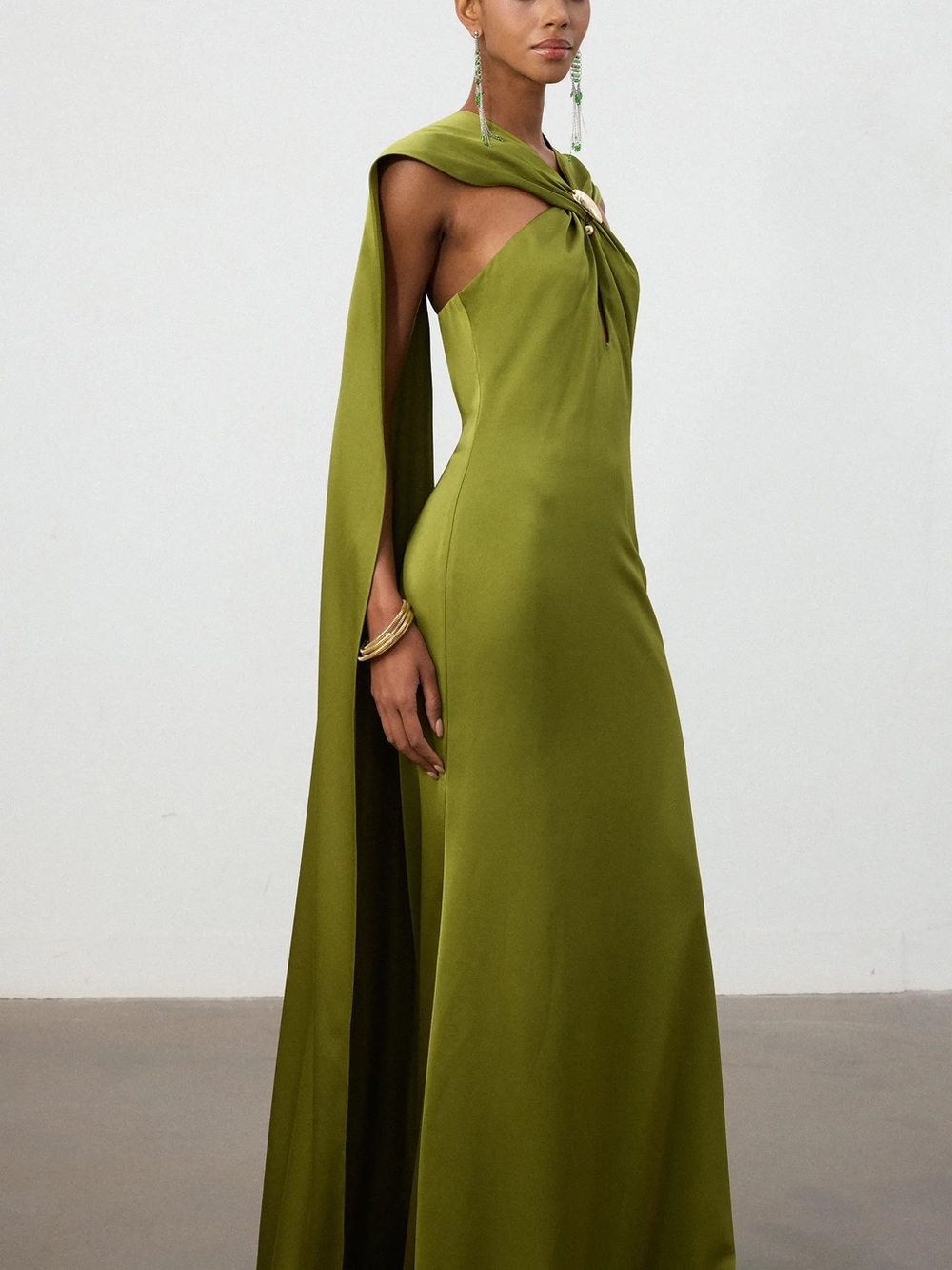 Skye and Iris Olive Green Satin Cape Column Gown - Picture 2 of 3